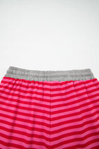 Dear-Lover Rose Stripe Contrast Elastic Waist Casual Ribbed Shorts, lightweight polyester and elastane, featuring a stylish rose stripe design.