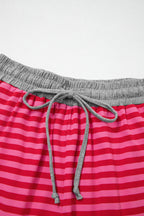 Rose stripe casual ribbed shorts with contrast elastic waist and polyester-elastane blend, designed for comfortable everyday wear.