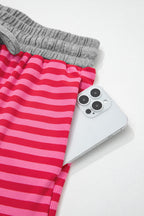 Dear-Lover Rose Stripe Contrast Elastic Waist Casual Ribbed Shorts, lightweight polyester and elastane, with a stylish rose stripe pattern.