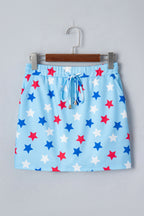 Sky blue patriotic star printed beaded drawstring mini skort by Dear-Lover, casual shorts with star pattern and elastic waistband.
