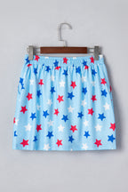 Sky blue patriotic star printed beaded drawstring mini skort by Dear-Lover Dropshipping, casual shorts with star pattern and elastic waist.