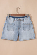 Beau Blue Light Wash High Rise Denim Shorts by Dear-Lover, featuring a classic design, cotton blend fabric, and high waist fit.