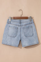 Dear-Lover Blue Light Wash High Rise Denim Shorts, cotton blend, styled with a high waist and casual fit.