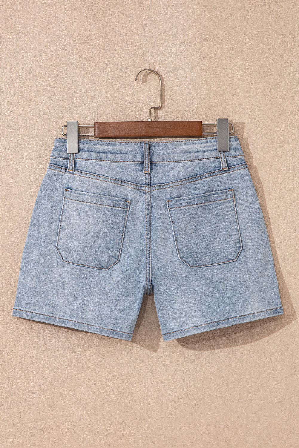 Dear-Lover Blue Light Wash High Rise Denim Shorts, cotton blend, styled with a high waist and casual fit.