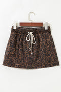 Brown leopard print denim skort with elastic waistband and drawstring, featuring a stylish casual design by Dear-Lover.