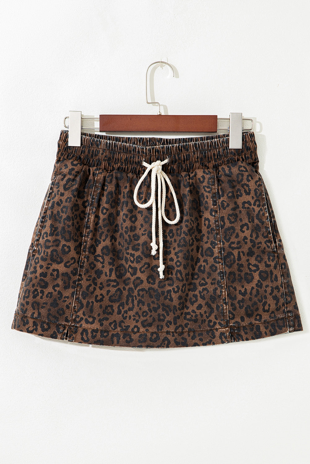 Brown leopard print denim skort with elastic waistband and drawstring, featuring a stylish casual design by Dear-Lover.