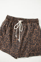 Brown leopard print denim skort with elastic waistband and drawstring, designed by Dear-Lover for casual summer bottoms.