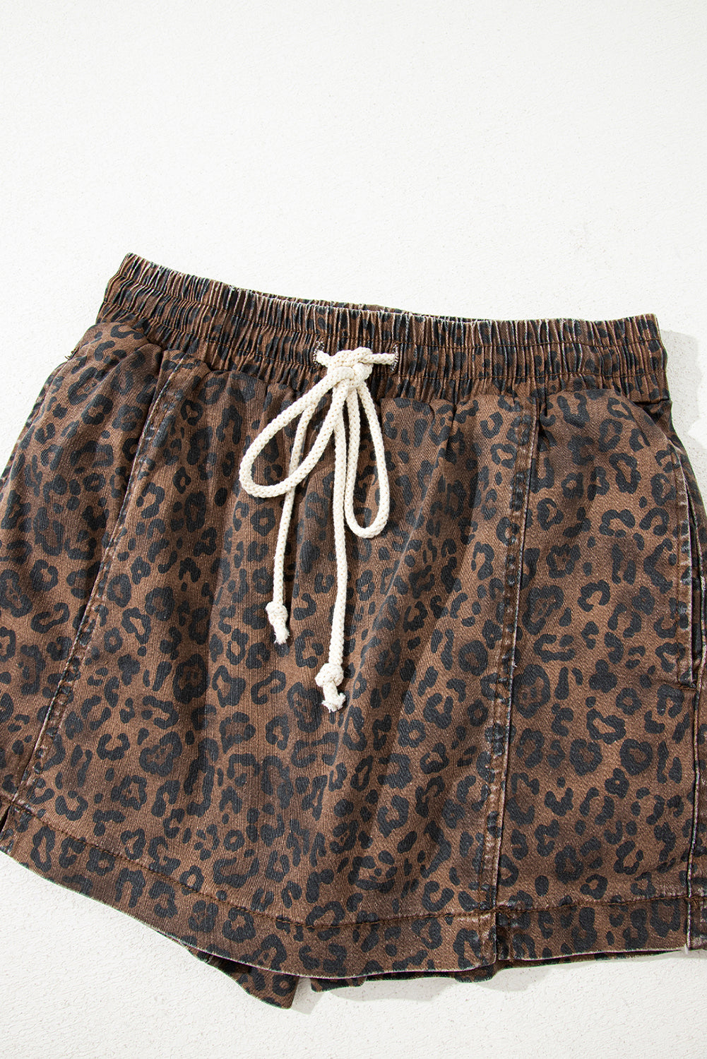 Brown leopard print denim skort with elastic waistband and drawstring, designed by Dear-Lover for casual summer bottoms.