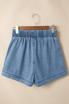 Dusk blue smocked elastic waist denim shorts by Dear-Lover, casual bottoms with cotton and polyester blend, lightweight and comfortable.