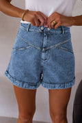 Dear-Lover denim shorts with ivy seam detail, pocket accents, cuffed hem, made from cotton, polyester, and elastane for a fitted look.
