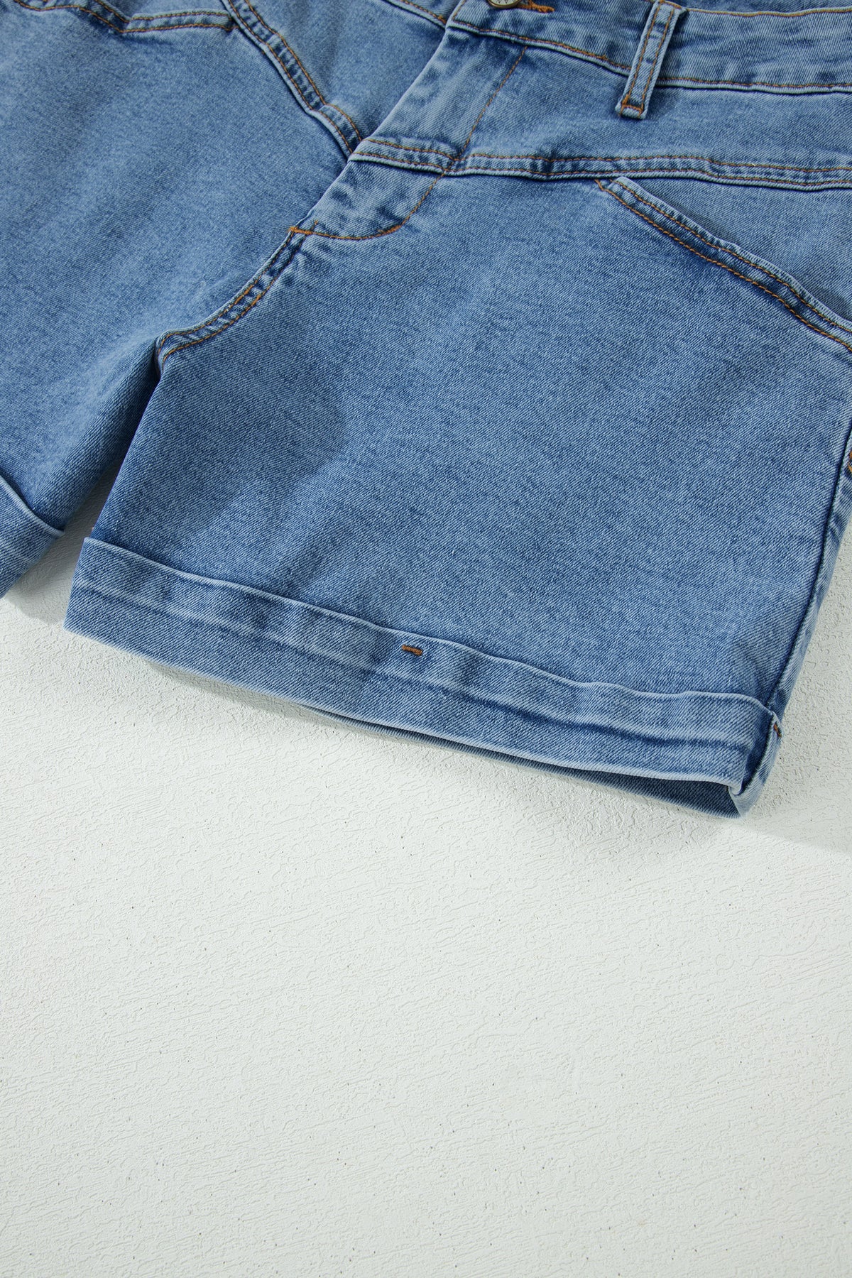 Dear-Lover denim shorts with ivy seam detail, pocketed design, cuffed hem, made from cotton, polyester, and elastane for a comfortable fit.