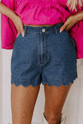 Sail Blue Scalloped Hemline Acid Wash High Waist Denim Shorts by Dear-Lover, featuring a stylish scalloped hem and high waist fit.