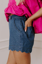 Sail Blue high waist denim shorts with scalloped hemline and acid wash, made of cotton, polyester, and elastane, by Dear-Lover.