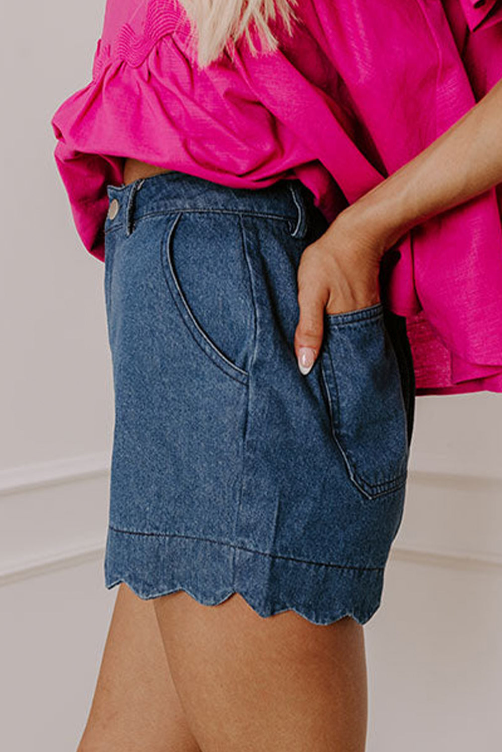 Sail Blue high waist denim shorts with scalloped hemline and acid wash, made of cotton, polyester, and elastane, by Dear-Lover.