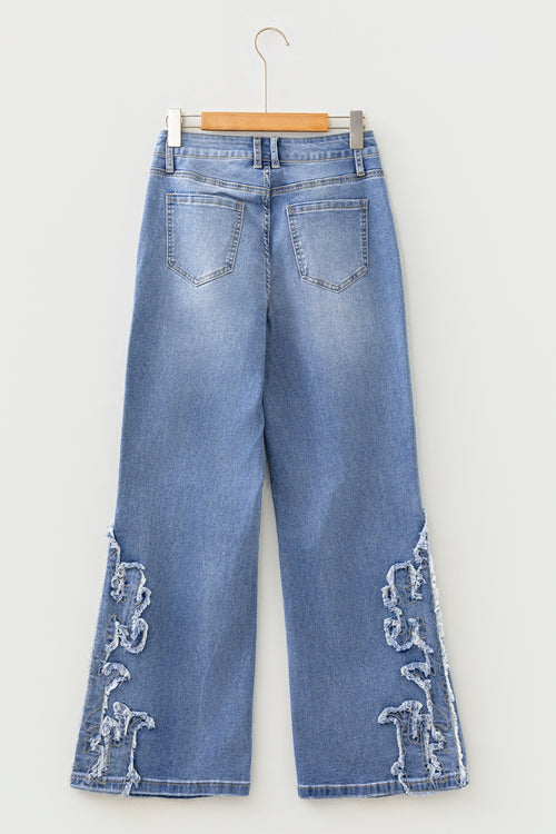 Ashleigh Blue Embroidered Western Print Flare Leg Jeans by Dear-Lover Dropshipping, full-length cotton-polyester-elastane bottoms.