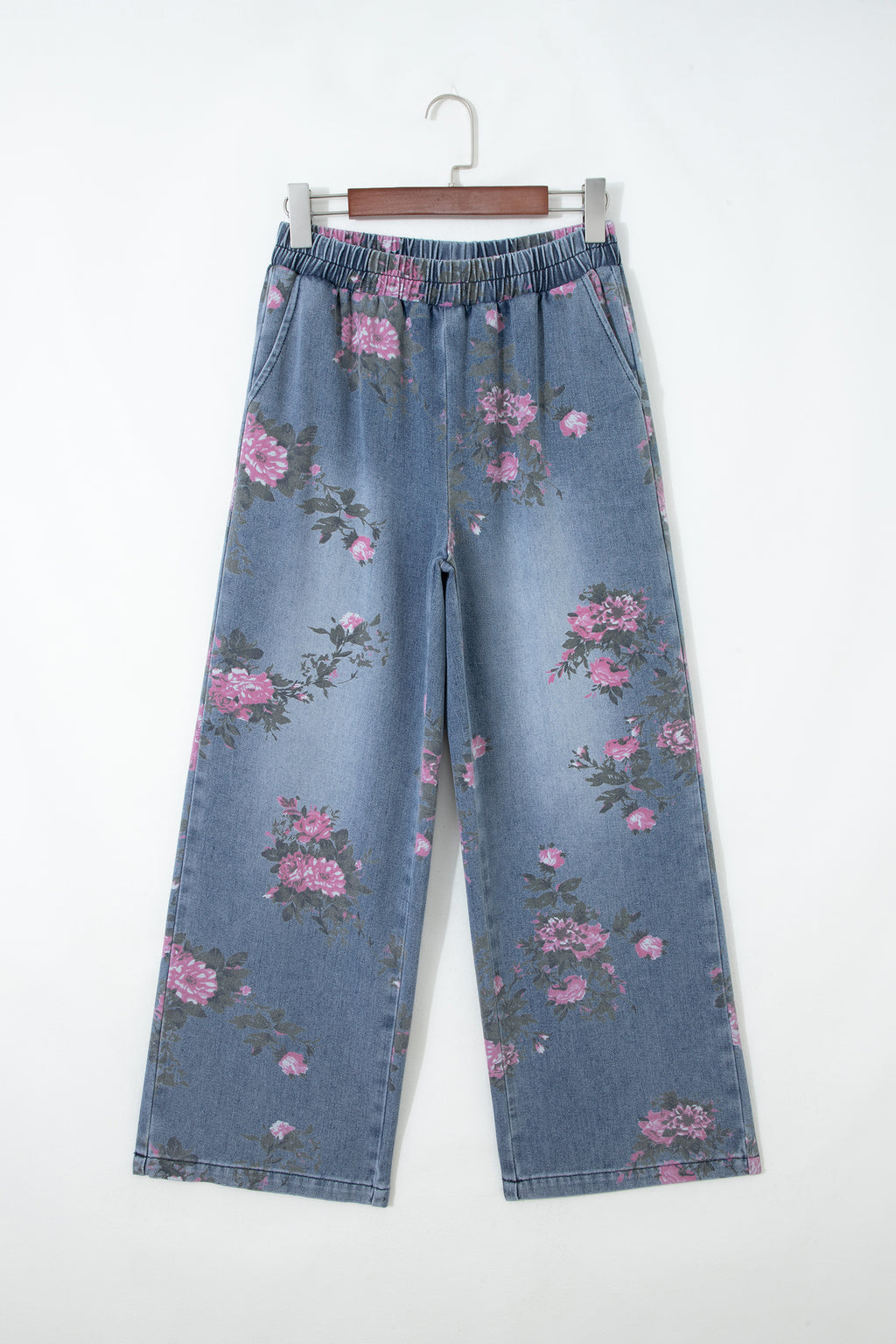 Dear-Lover Beau Blue floral print casual jeans with elastic waistband, pull-on style, polyester and cotton blend, bottoms for women.