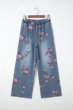 Dear-Lover Beau Blue floral print casual jeans with elastic waistband, pull-on style, polyester and cotton blend, bottoms for women.