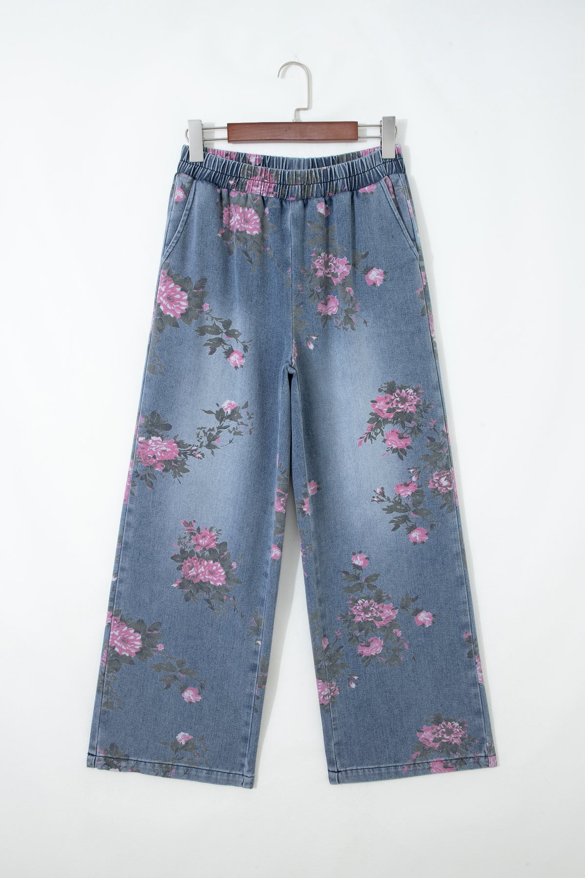 Dear-Lover Beau Blue floral print casual jeans with elastic waistband, pull-on style, polyester and cotton blend, bottoms for women.