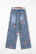 Beau Blue floral print casual jeans by Dear-Lover Dropshipping with elastic waistband and pull-on style, made of polyester and cotton.