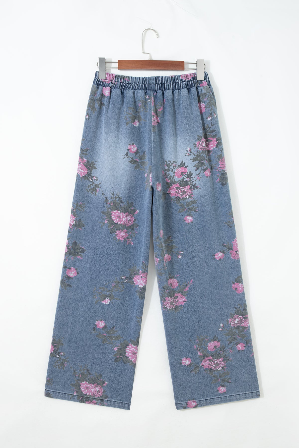 Beau Blue floral print casual jeans by Dear-Lover Dropshipping with elastic waistband and pull-on style, made of polyester and cotton.