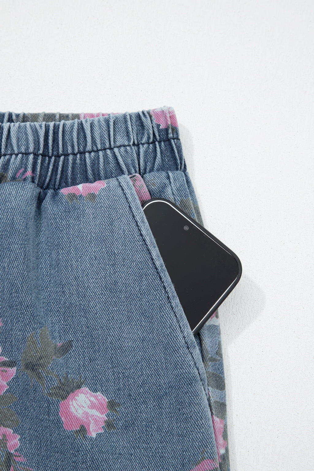 Beau Blue floral print casual jeans by Dear-Lover with elastic waistband, pull-on style, made of polyester and cotton for comfortable fit.