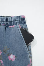 Beau Blue floral print casual jeans by Dear-Lover with elastic waistband, pull-on style, made of polyester and cotton for comfortable fit.
