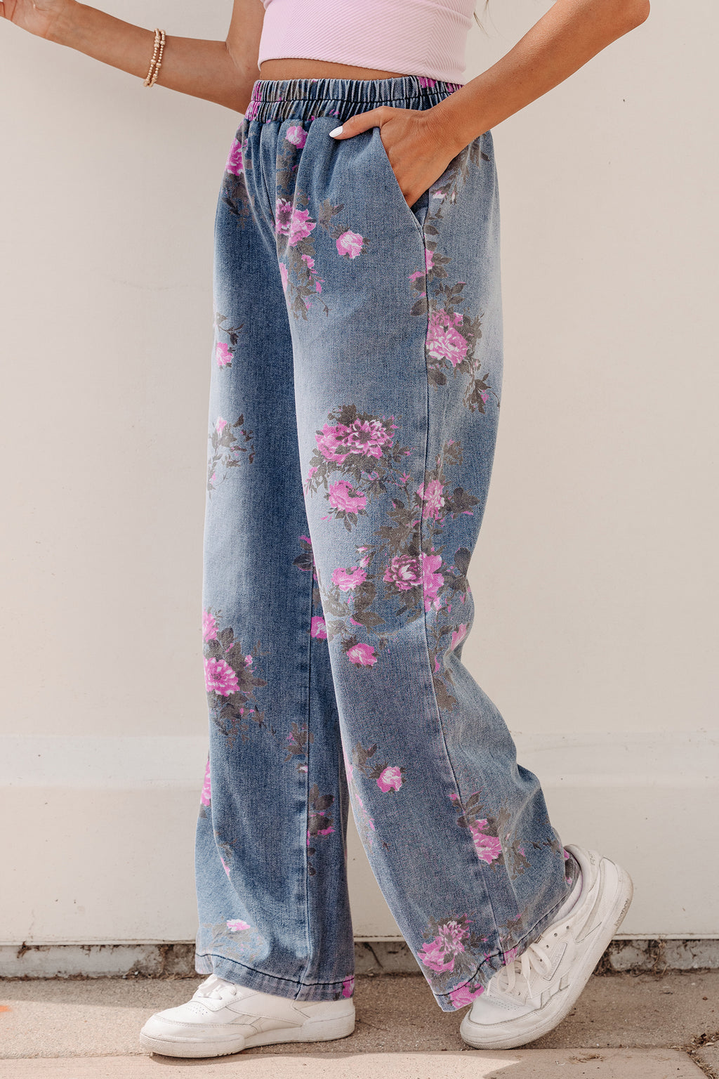 Beau Blue floral print elastic waist casual jeans by Dear-Lover Dropshipping, pull-on style, polyester and cotton blend, bottoms.