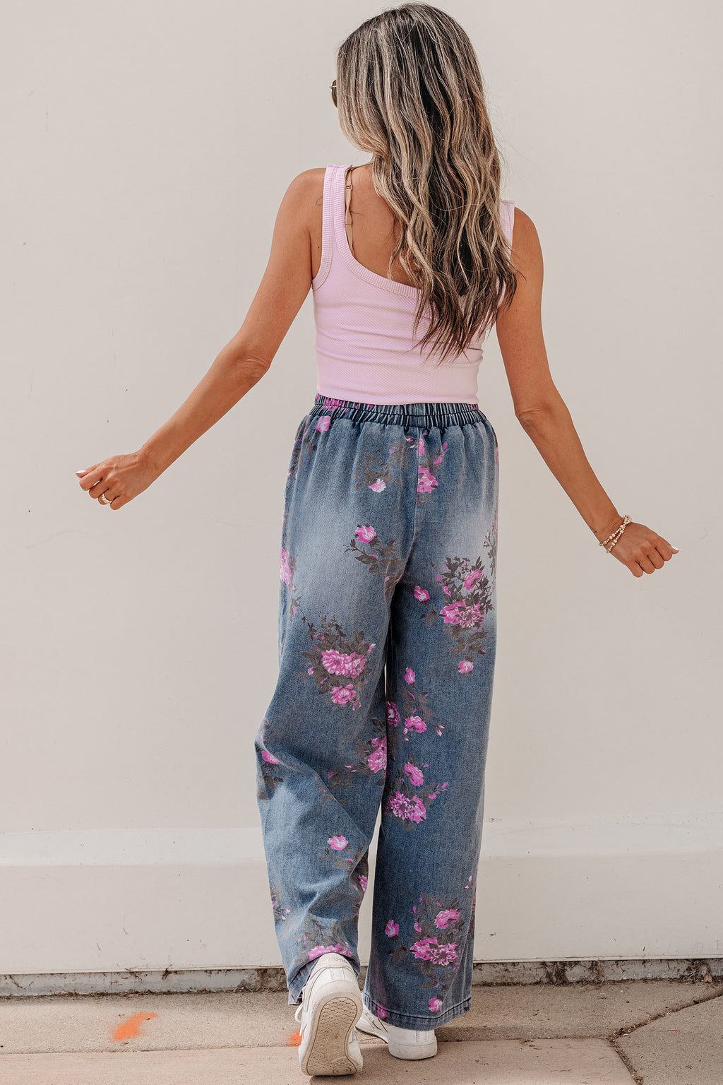 Beau Blue floral print casual jeans from Dear-Lover with elastic waist pull-on design, made of polyester and cotton blend.