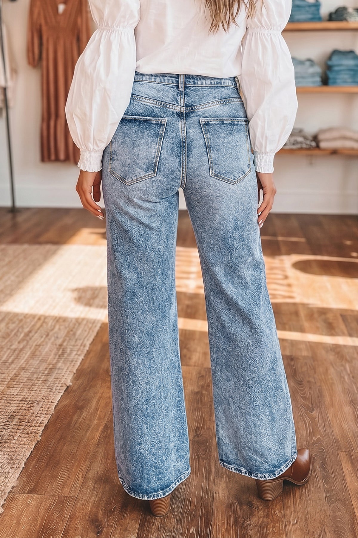 Beau Blue Acid Wash Flare Jeans with pocket detail by Dear-Lover, made of cotton, polyester, and elastane, stylish denim bottoms