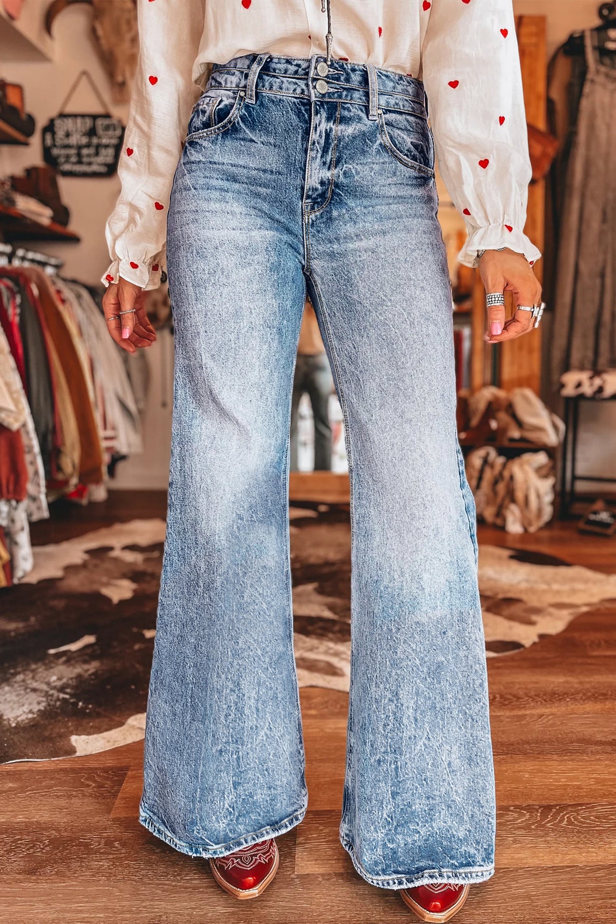 Dear-Lover Beau Blue Acid Wash Flare Jeans with pocket details, made of cotton, polyester, and elastane, for stylish casual wear.
