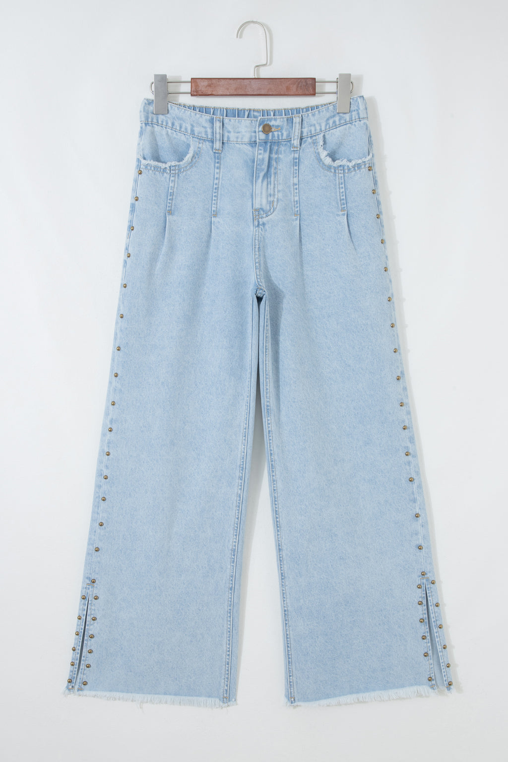 Dear-Lover Blue Wide Leg Jeans with studded side slit, frayed edges, and pocket details, made of cotton and polyester.