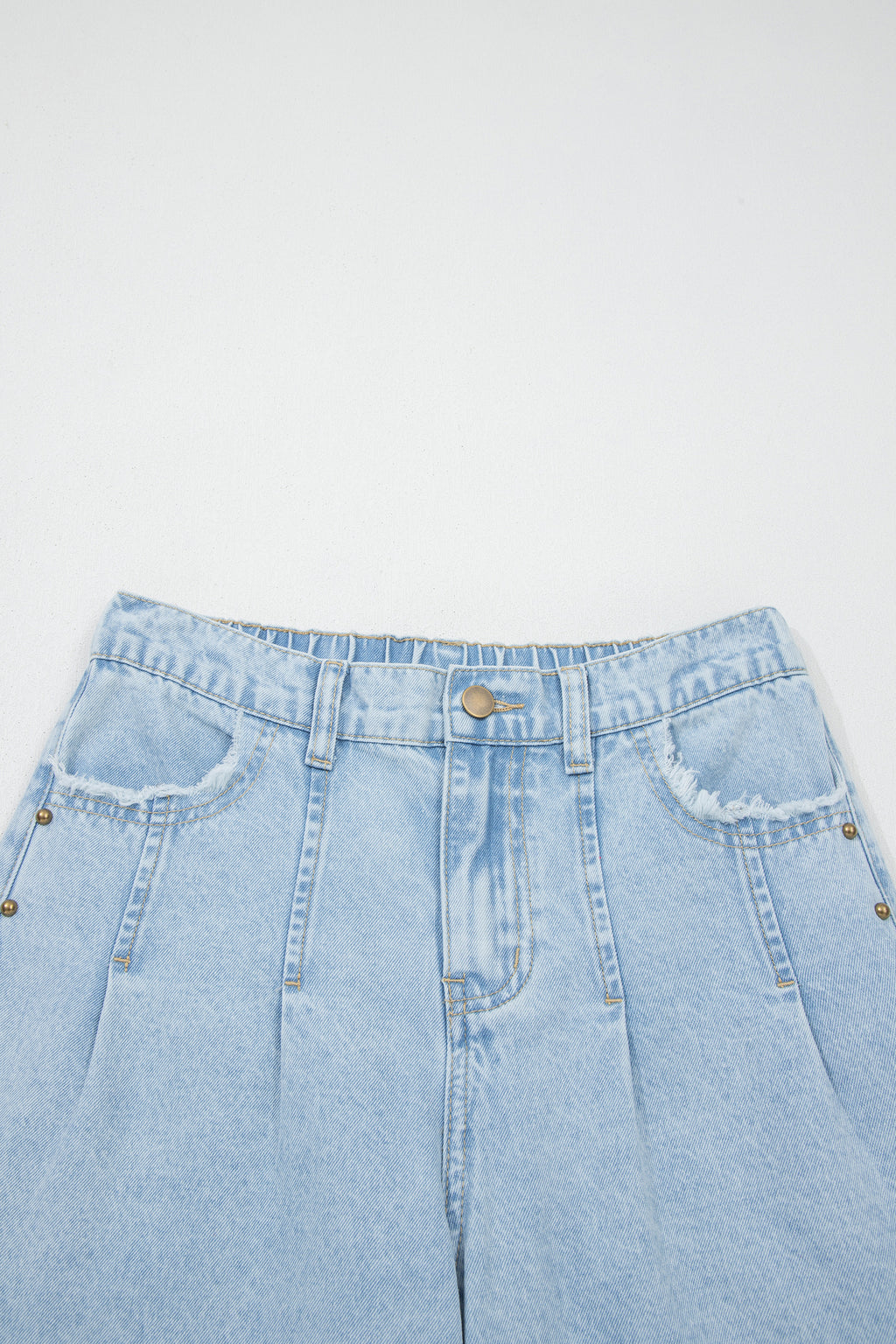 Beau Blue studded side slit wide-leg jeans with frayed pockets, made of cotton, polyester, and regenerated fiber by Dear-Lover.