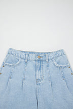 Beau Blue studded side slit wide-leg jeans with frayed pockets, made of cotton, polyester, and regenerated fiber by Dear-Lover.