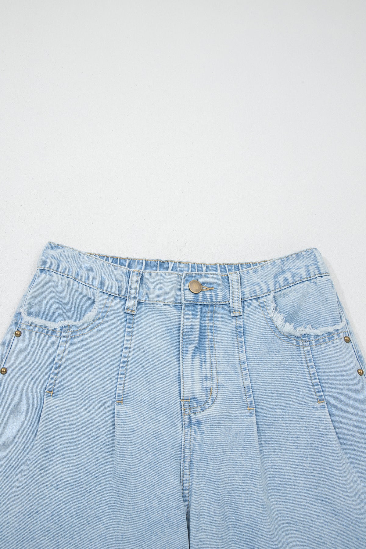 Beau Blue studded side slit wide-leg jeans with frayed pockets, made of cotton, polyester, and regenerated fiber by Dear-Lover.