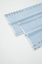Beau Blue studded side slit wide-leg jeans by Dear-Lover with frayed pockets and a relaxed fit, made of cotton and polyester blend.