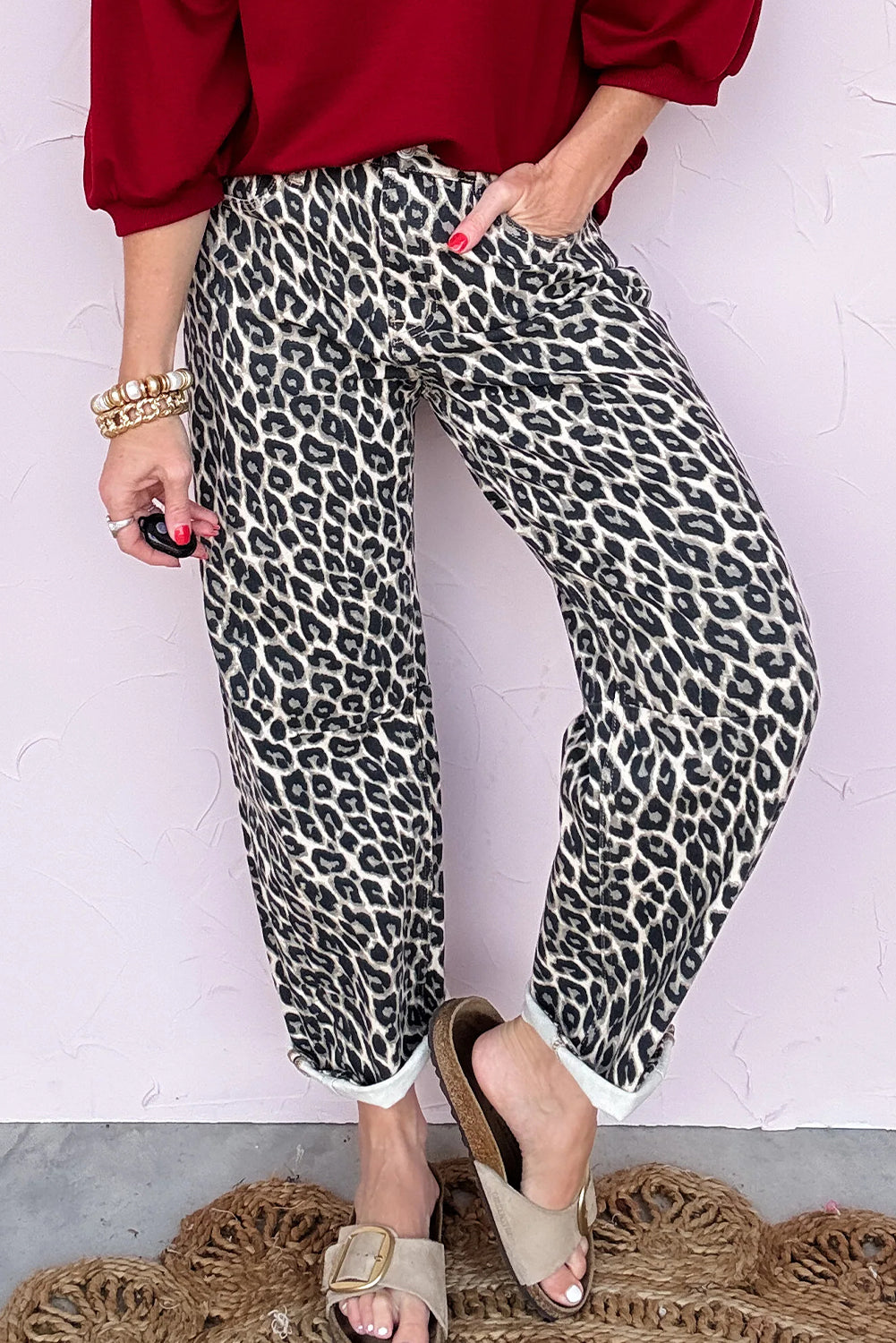 Black leopard print barrel jeans from Dear-Lover Dropshipping, stylish bottoms with polyester, cotton, and elastane fabric for a comfortable fit.