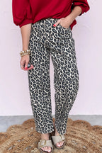 Black leopard print barrel jeans by Dear-Lover Dropshipping, stylish polyester-cotton-elastane bottoms with a bold animal pattern.
