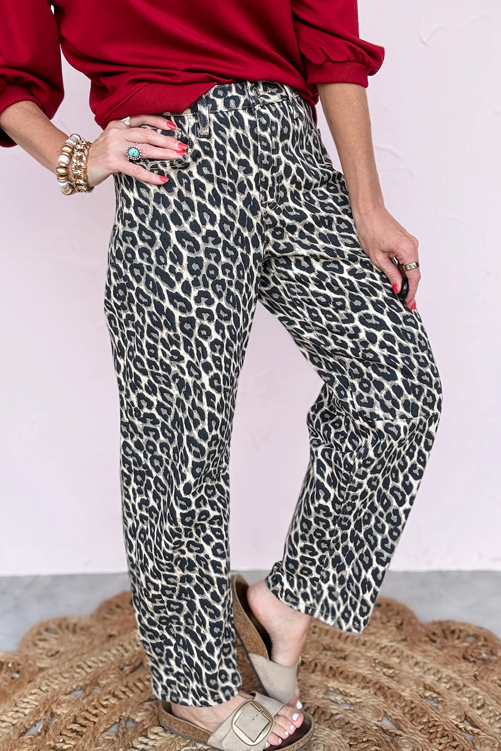 Black Leopard Print Barrel Jeans by Dear-Lover Dropshipping, stylish polyester-cotton elastane bottoms with bold animal print.