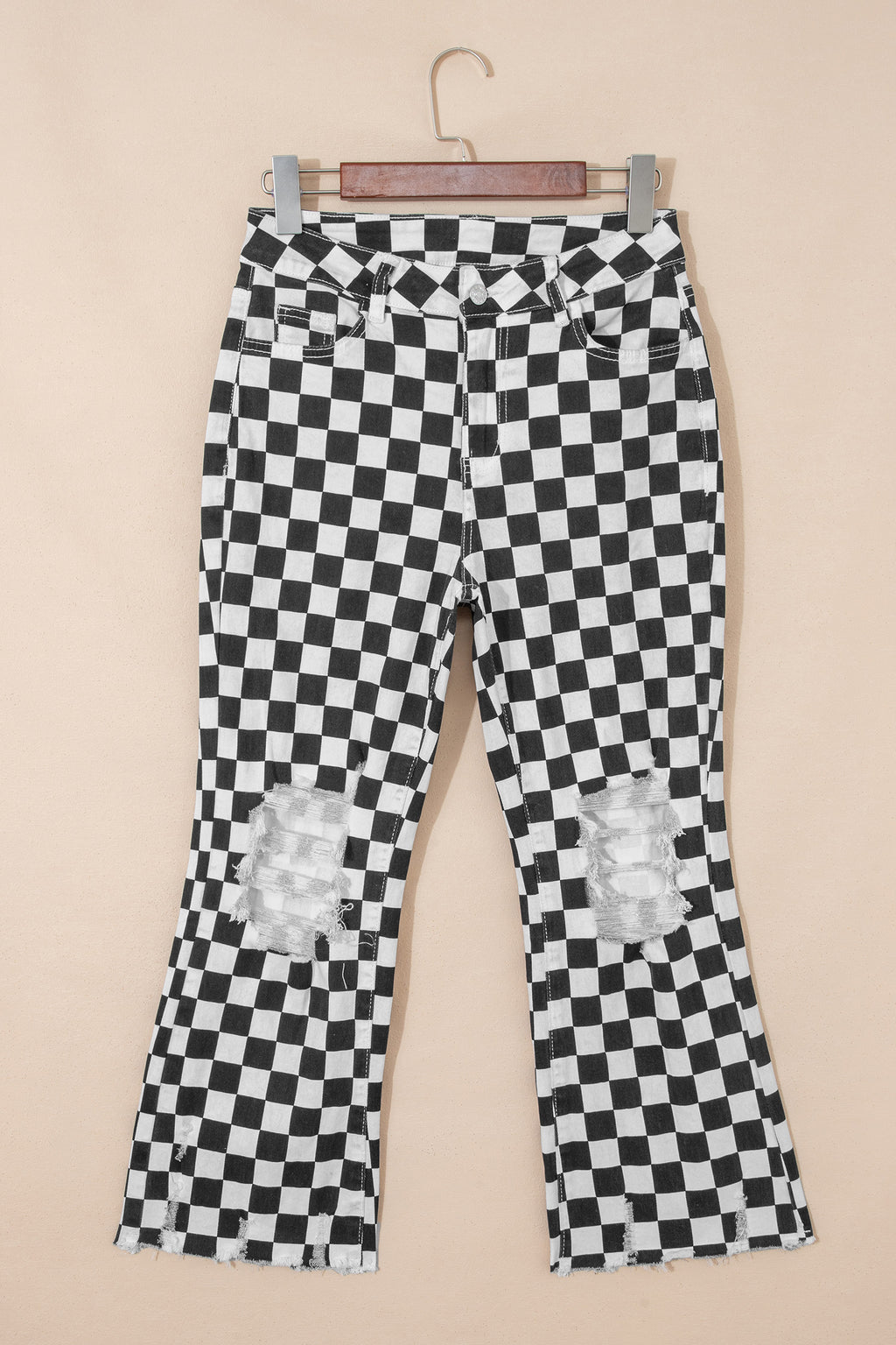 Black checkerboard print distressed raw-edge cropped jeans by Dear-Lover Dropshipping, featuring raw hems and distressed holes.