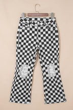 Black checkerboard print distressed raw-edge cropped jeans by Dear-Lover Dropshipping, featuring raw hems and distressed holes.