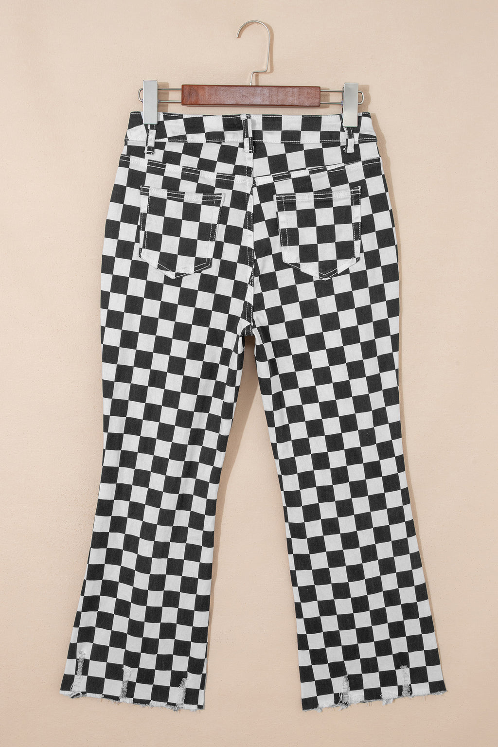 Black checkerboard print distressed raw edge cropped jeans from Dear-Lover Dropshipping, featuring holes and a fitted denim design.