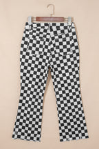 Black checkerboard print distressed raw edge cropped jeans from Dear-Lover Dropshipping, featuring holes and a fitted denim design.