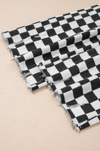 Black checkerboard print distressed raw edge cropped jeans by Dear-Lover Dropshipping, showing the distressed holes and raw hem detail.