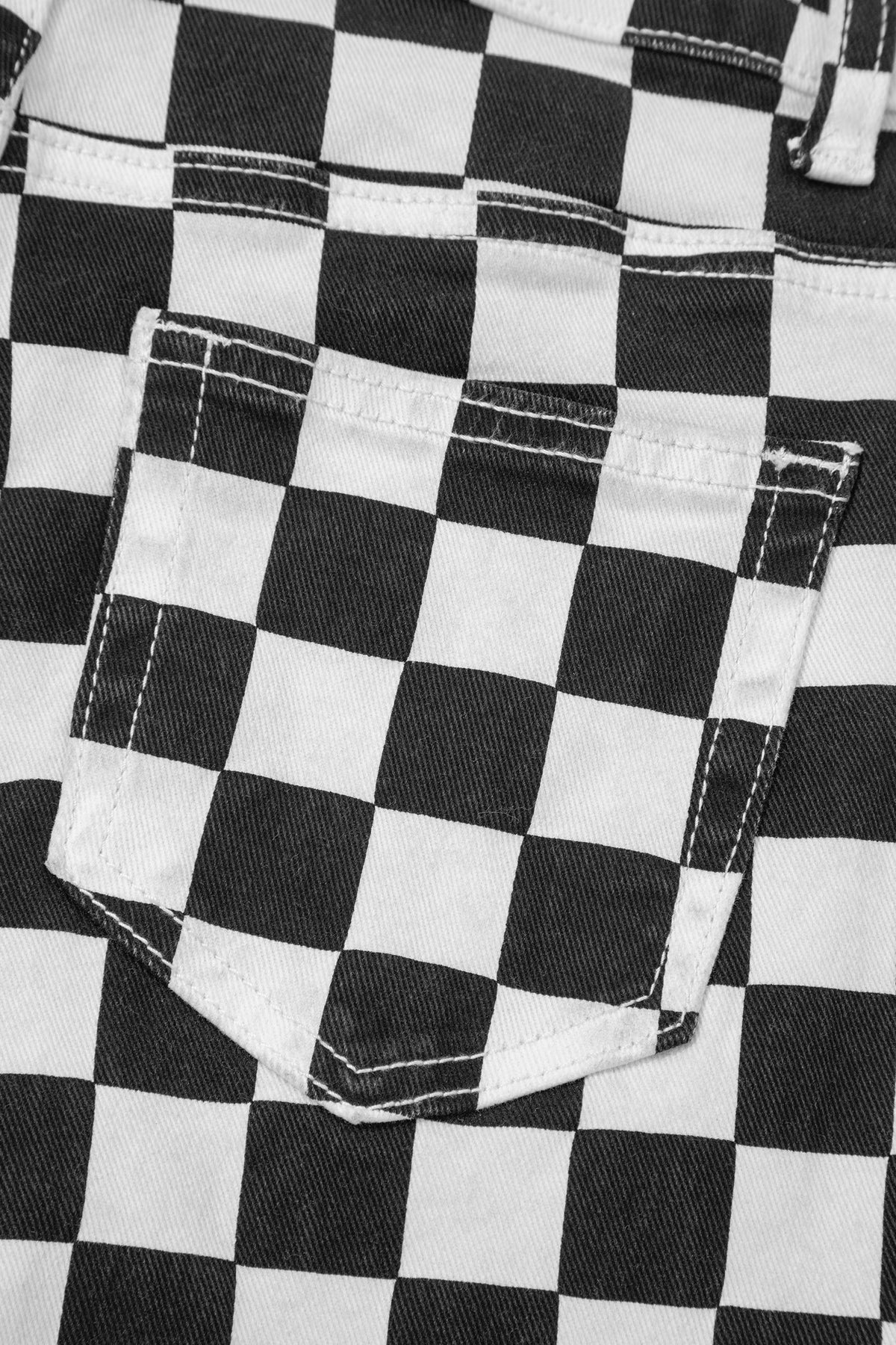 Black Checkerboard Print Distressed Cropped Jeans from Dear-Lover Dropshipping featuring raw edges and holes, made of cotton and elastane.
