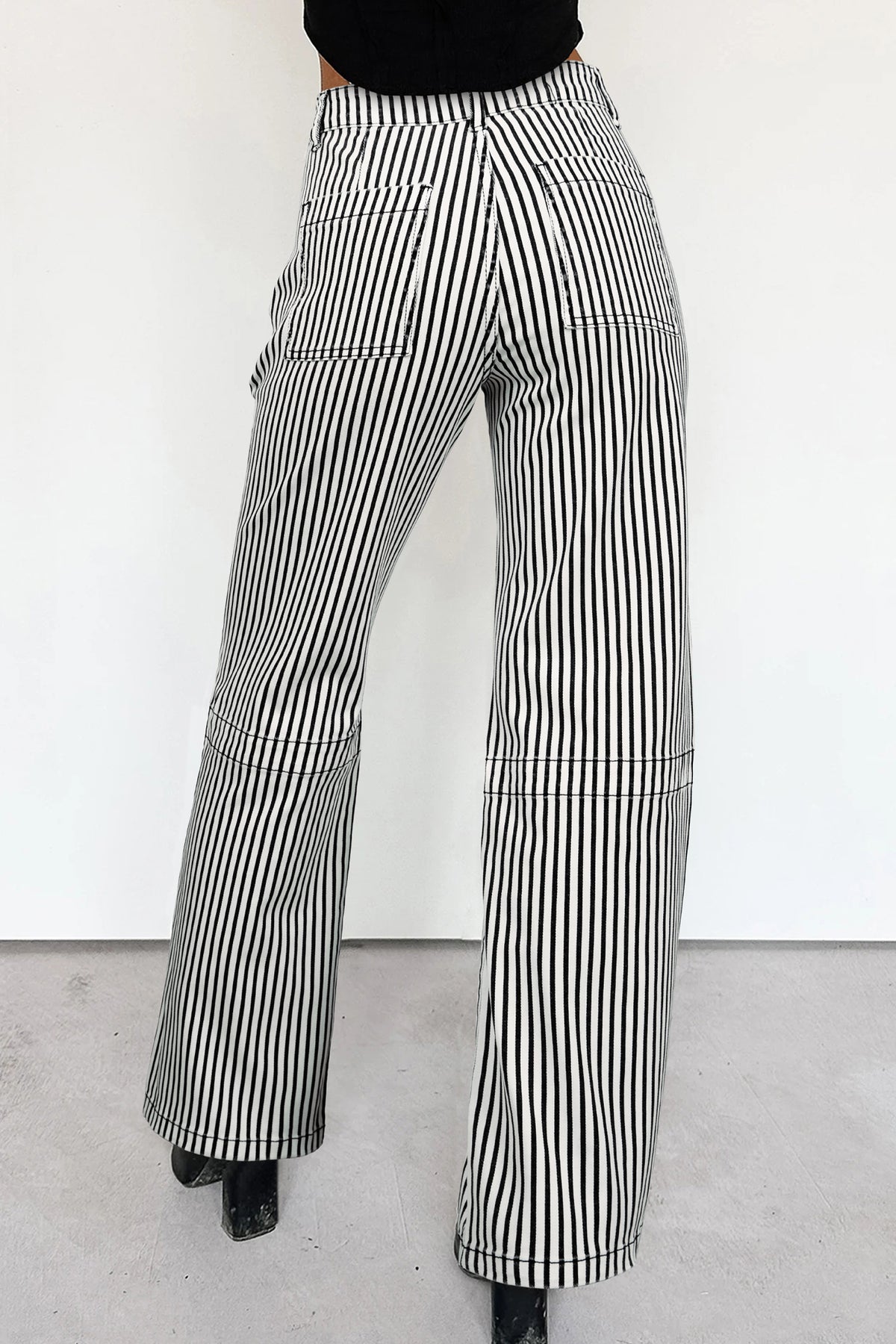Black stripe patch pocket high waist denim jeans by Dear-Lover, featuring a shift fit and stylish design, made from cotton and elastane.
