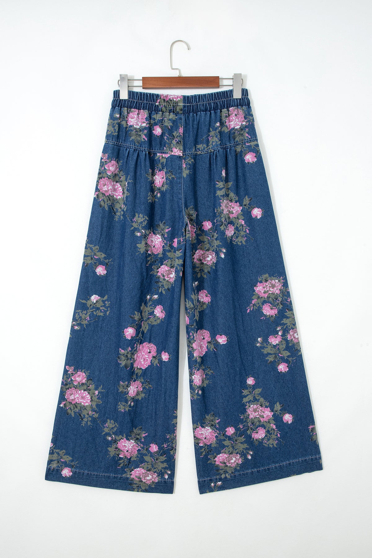 Blue retro floral print jeans with tie elastic waist, button details, pintuck design, and wide-leg style by Dear-Lover.