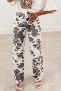 Brown cow spots printed multi-pocketed jeans from Dear-Lover Dropshipping, featuring cotton, polyester, and elastane for a casual look.