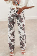 Brown cow spots printed multi-pocketed jeans from Dear-Lover Dropshipping, featuring cotton, polyester, and elastane for a casual look.