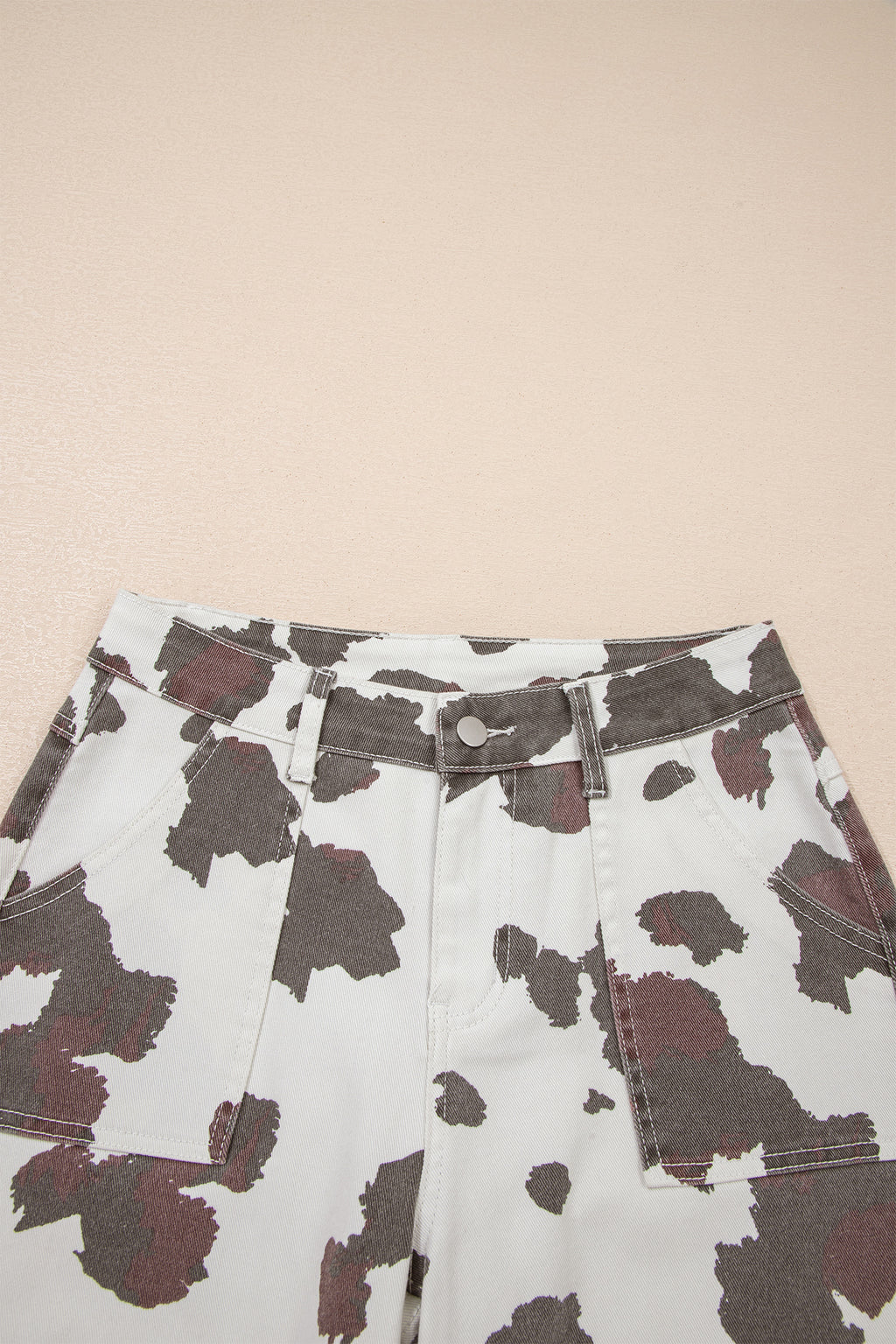 Brown cow spots printed multi-pocketed jeans from Dear-Lover Dropshipping, featuring a stylish design and comfortable cotton blend fabric.