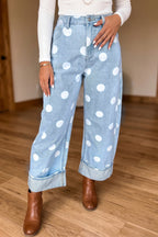 Polka dot ankle-length casual jeans by Dear-Lover Dropshipping featuring metal buttons and a relaxed fit.